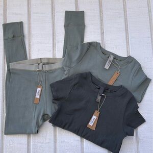 SKIMS Girl’s Pointelle Sleep Thermals 3 Pc in Mineral & Slate Colorway Sizes 7&8